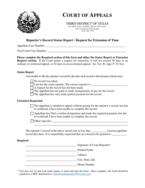Reporter's Record Status Report/Request for Extension of Time - Third Judicial District - Texas Download Pdf