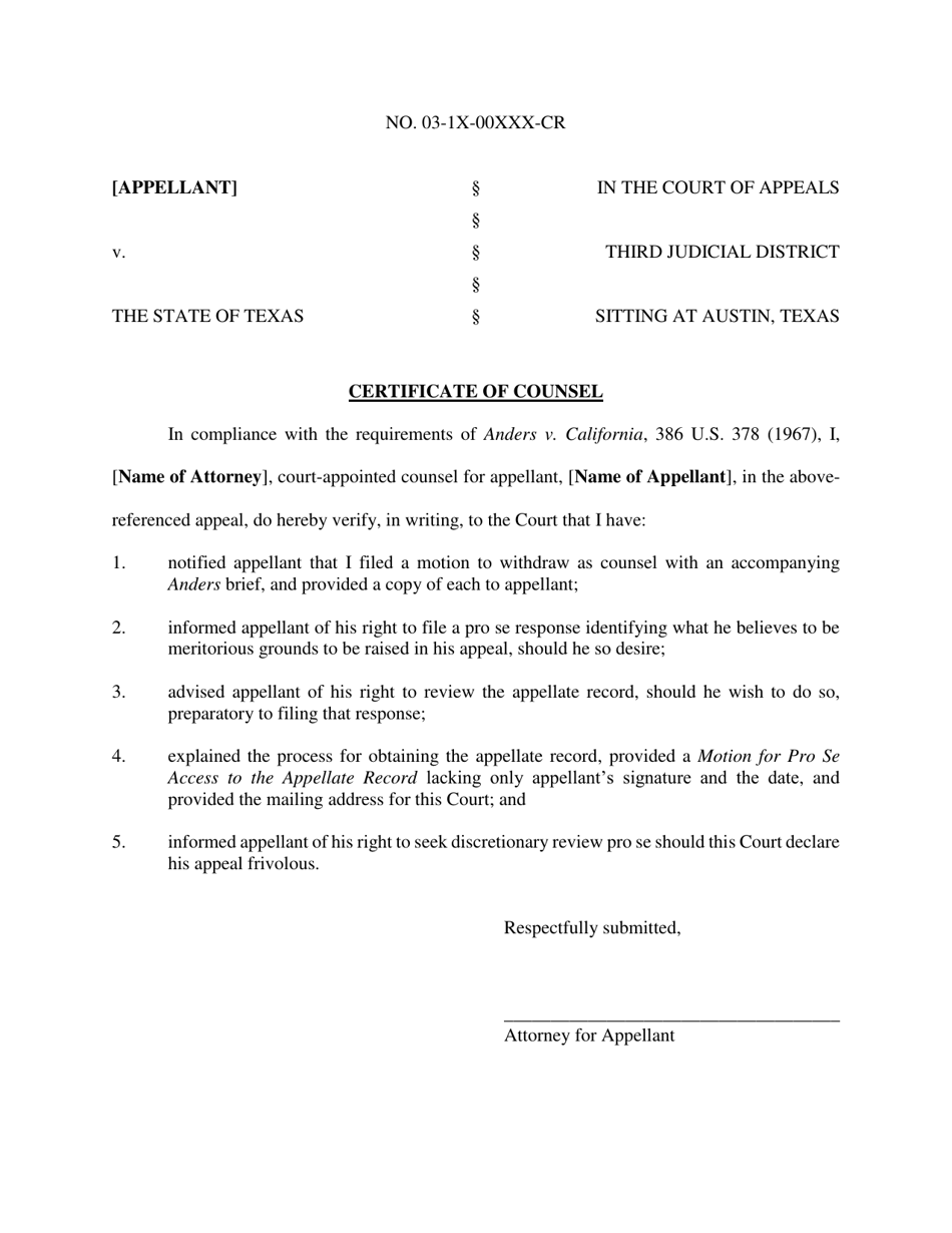 Certificate of Counsel - Third Judicial District - Texas, Page 1