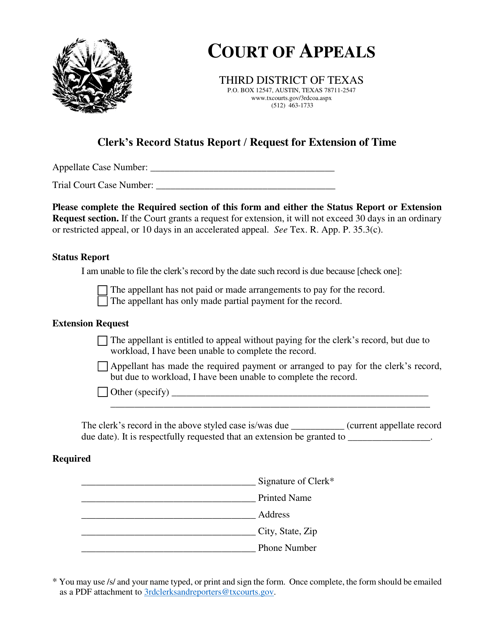 Clerk's Record Status Report / Request for Extension of Time - Third Judicial District - Texas Download Pdf