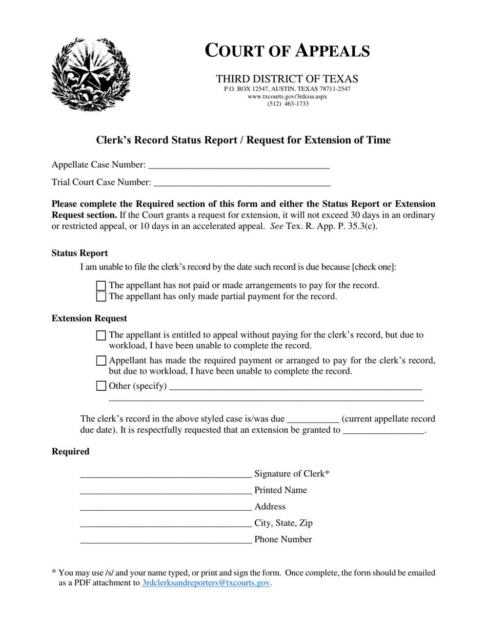 Clerks Record Status Report / Request for Extension of Time - Third Judicial District - Texas, Page 1