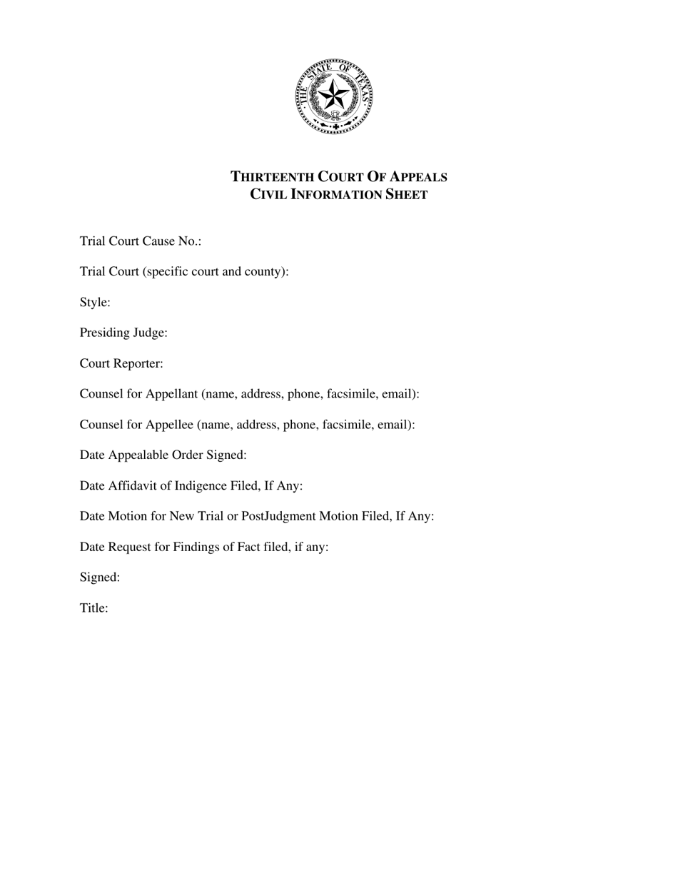 Civil Information Sheet - Thirteenth Court of Appeals - Texas, Page 1