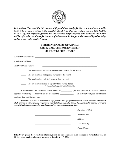 Clerk's Request for Extension of Time to File Record - Thirteenth Court of Appeals - Texas