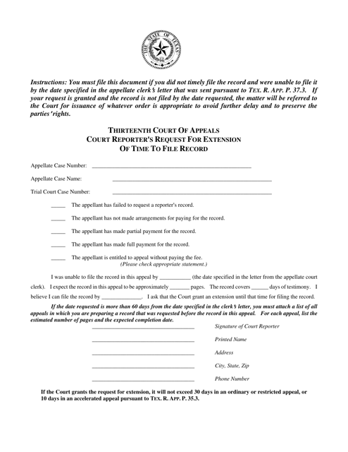 Court Reporter's Request for Extension of Time to File Record - Thirteenth Court of Appeals - Texas Download Pdf