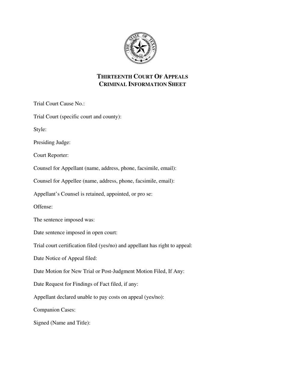 Criminal Information Sheet - Thirteenth Court of Appeals - Texas, Page 1