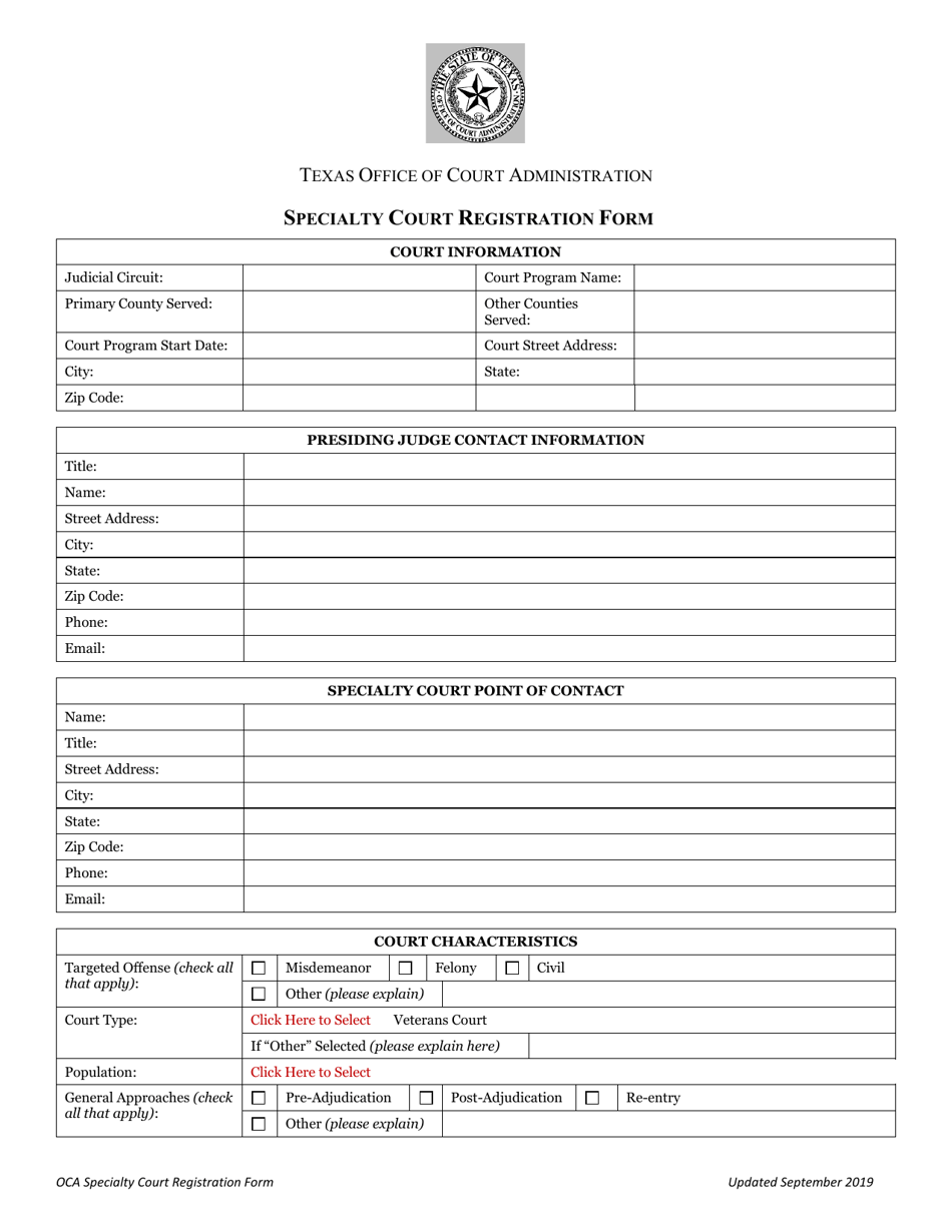 Specialty Court Registration Form - Texas, Page 1