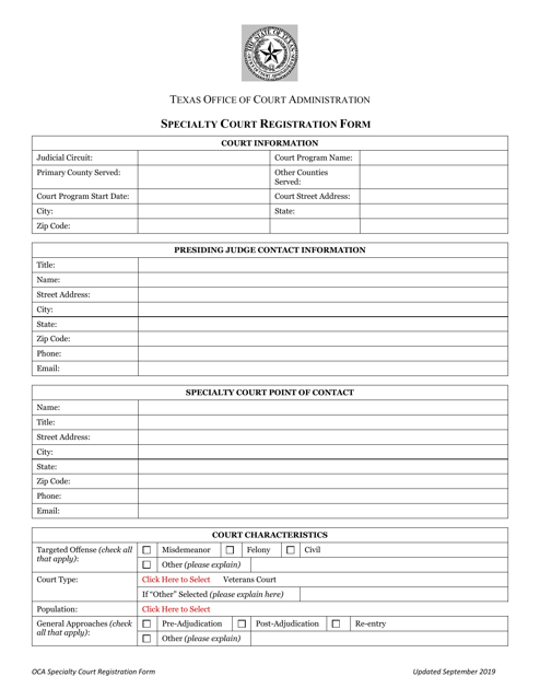 Specialty Court Registration Form - Texas Download Pdf