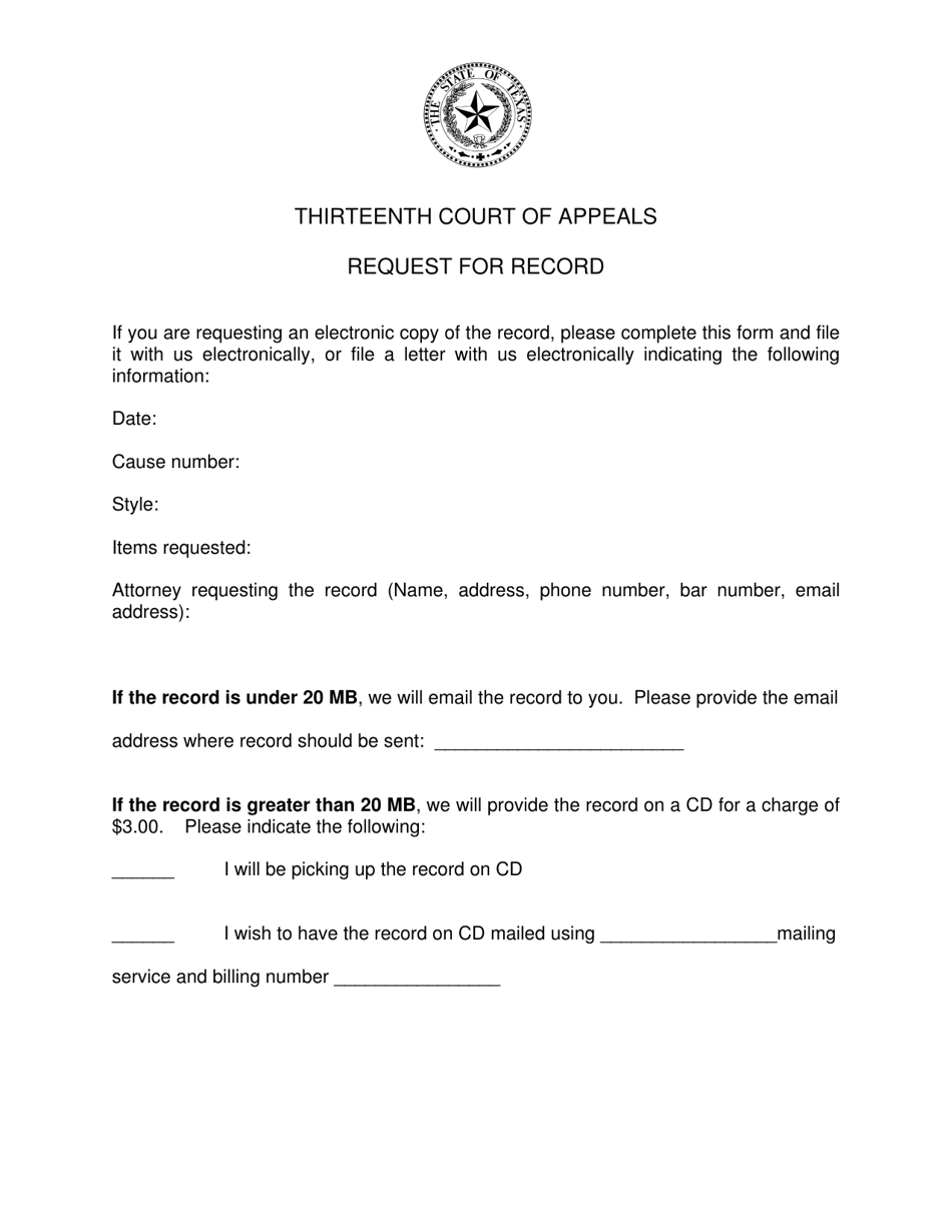 Request for Record - Thirteenth Court of Appeals - Texas, Page 1