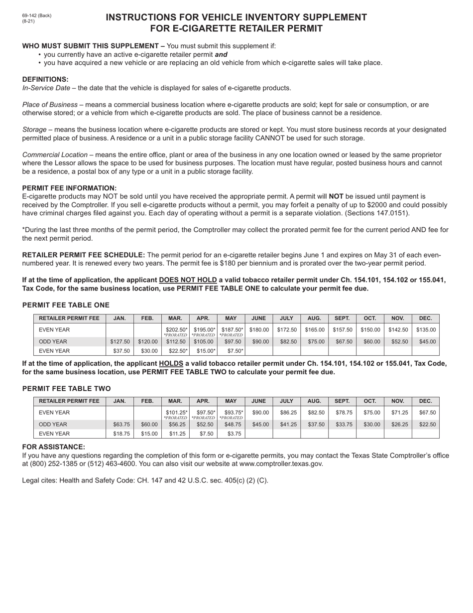 Form 69-142 Vehicle Inventory Supplement for E-Cigarette Retailer Permit - Texas, Page 2