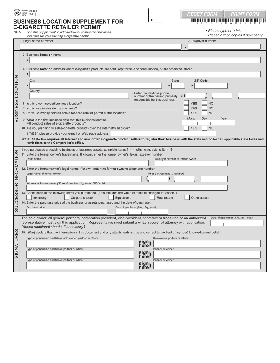 Form 69-141 Business Location Supplement for E-Cigarette Retailer Permit - Texas, Page 1