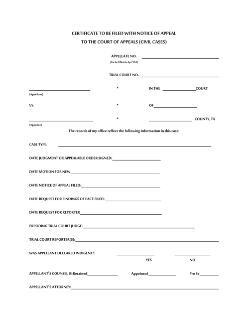 Certificate to Be Filed With Notice of Appeal to the Court of Appeals (Civil Cases) - Texas Download Pdf