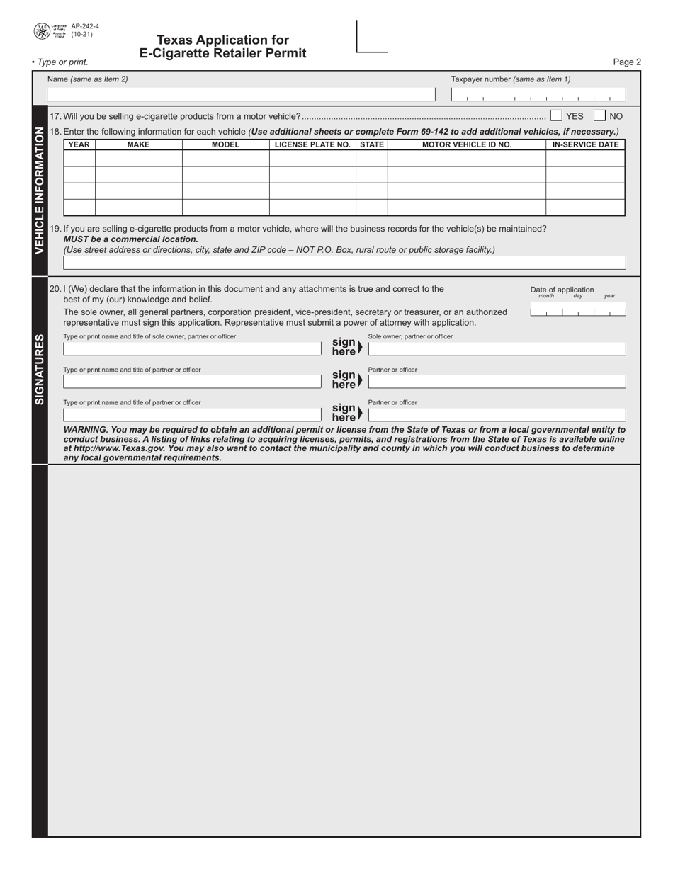 Form AP-242 Texas Application for E-Cigarette Retailer Permit - Texas, Page 4