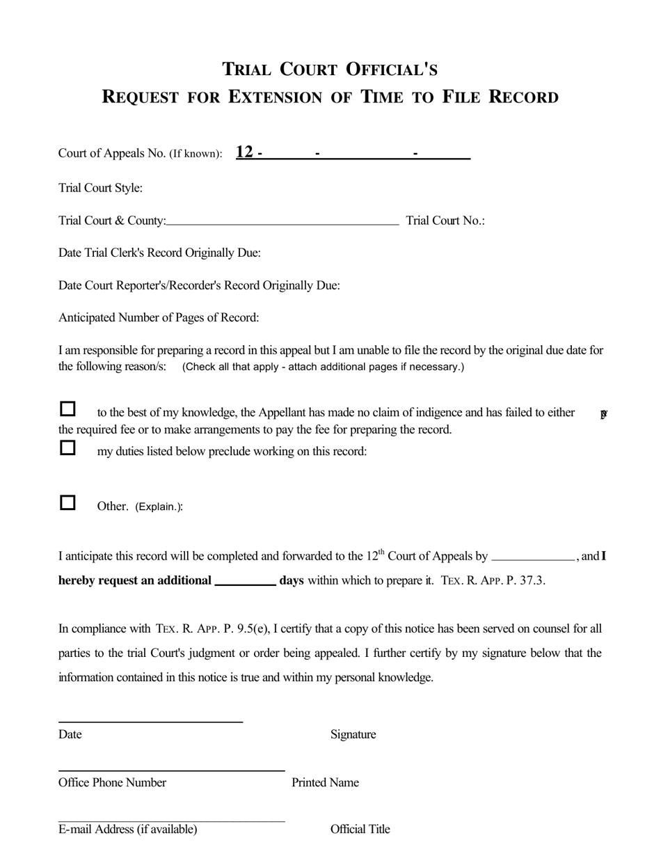 Trial Court Officials Request for Extension of Time to File Record - 12th Court of Appeals - Texas, Page 1
