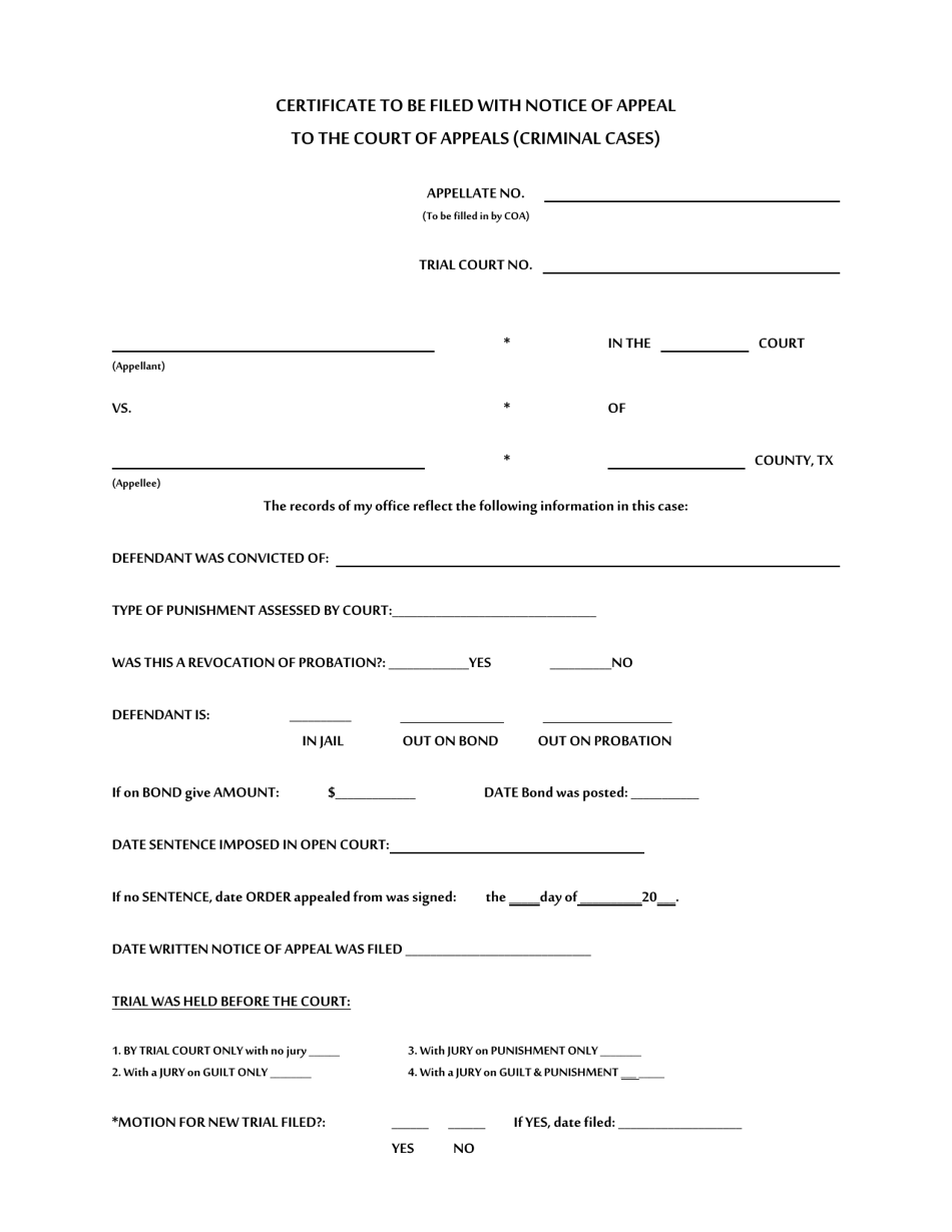 COA12 Form 1-89 Certificate to Be Filed With Notice of Appeal to the Court of Appeals (Criminal Cases) - Texas, Page 1