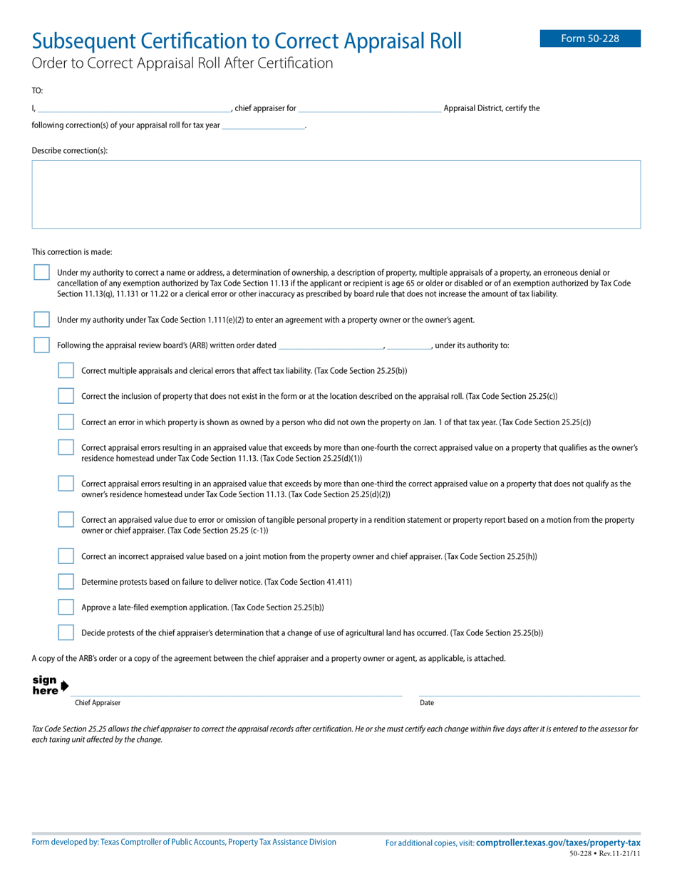 Form 50-228 Subsequent Certification to Correct Appraisal Roll - Texas, Page 1