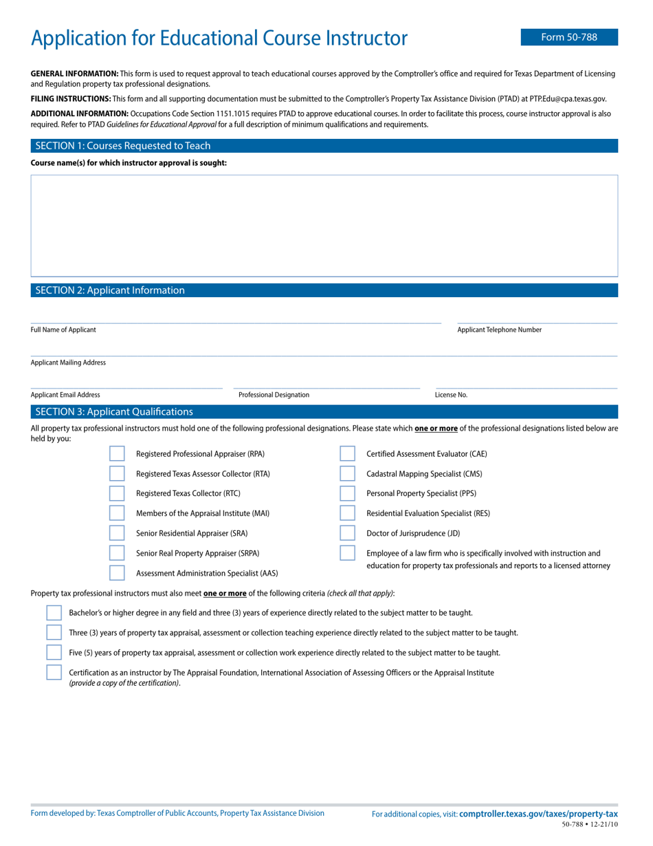 Form 50-788 Application for Educational Course Instructor - Texas, Page 1