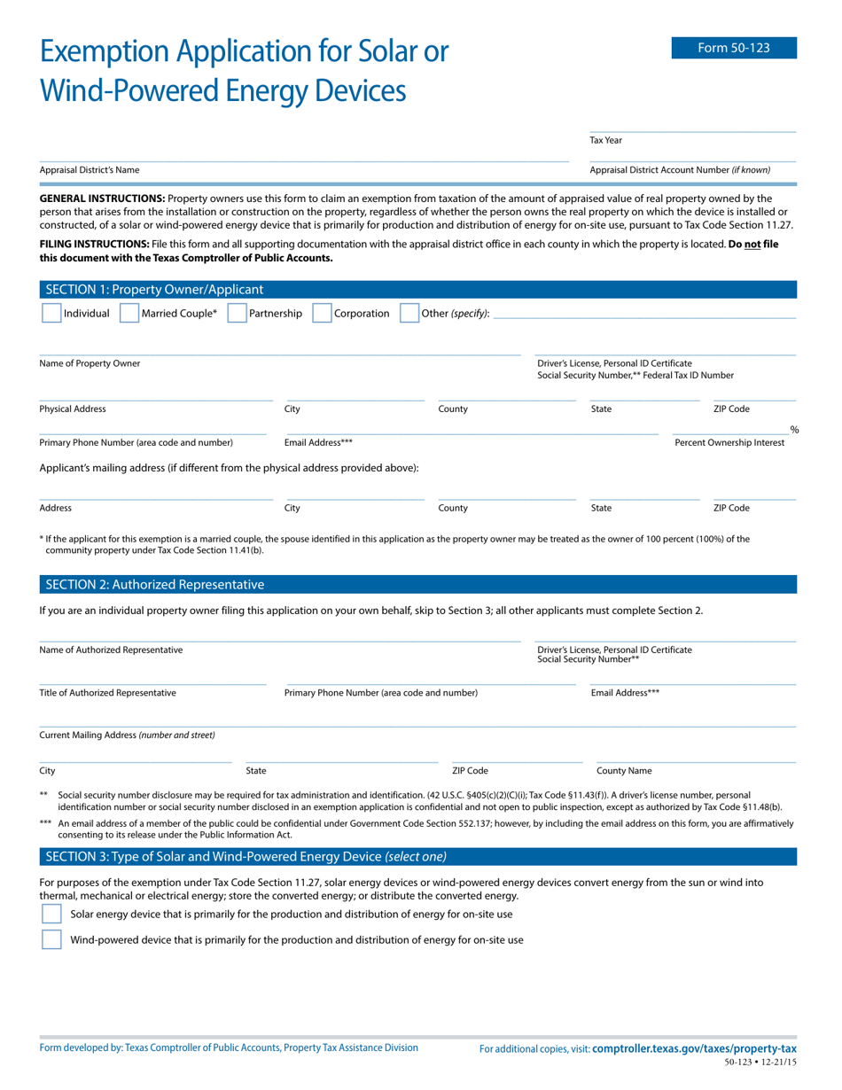Form 50-123 Exemption Application for Solar or Wind-Powered Energy Devices - Texas, Page 1