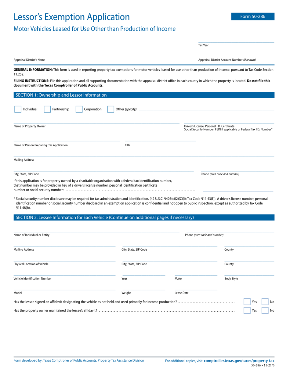 Form 50-286 Lessors Exemption Application Motor Vehicles Leased for Use Other Than Production of Income - Texas, Page 1