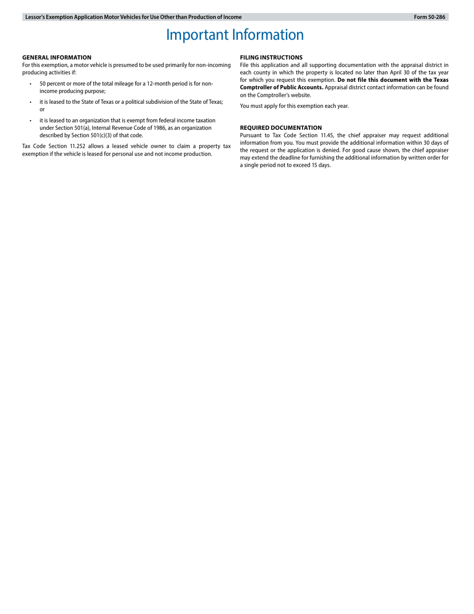 Form 50-286 Lessors Exemption Application Motor Vehicles Leased for Use Other Than Production of Income - Texas, Page 3