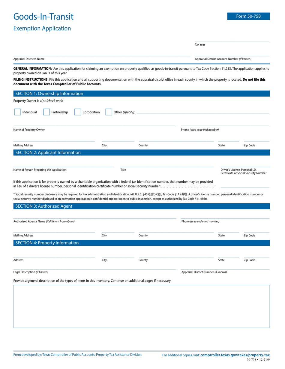 Form 50758 Download Fillable PDF or Fill Online Application for