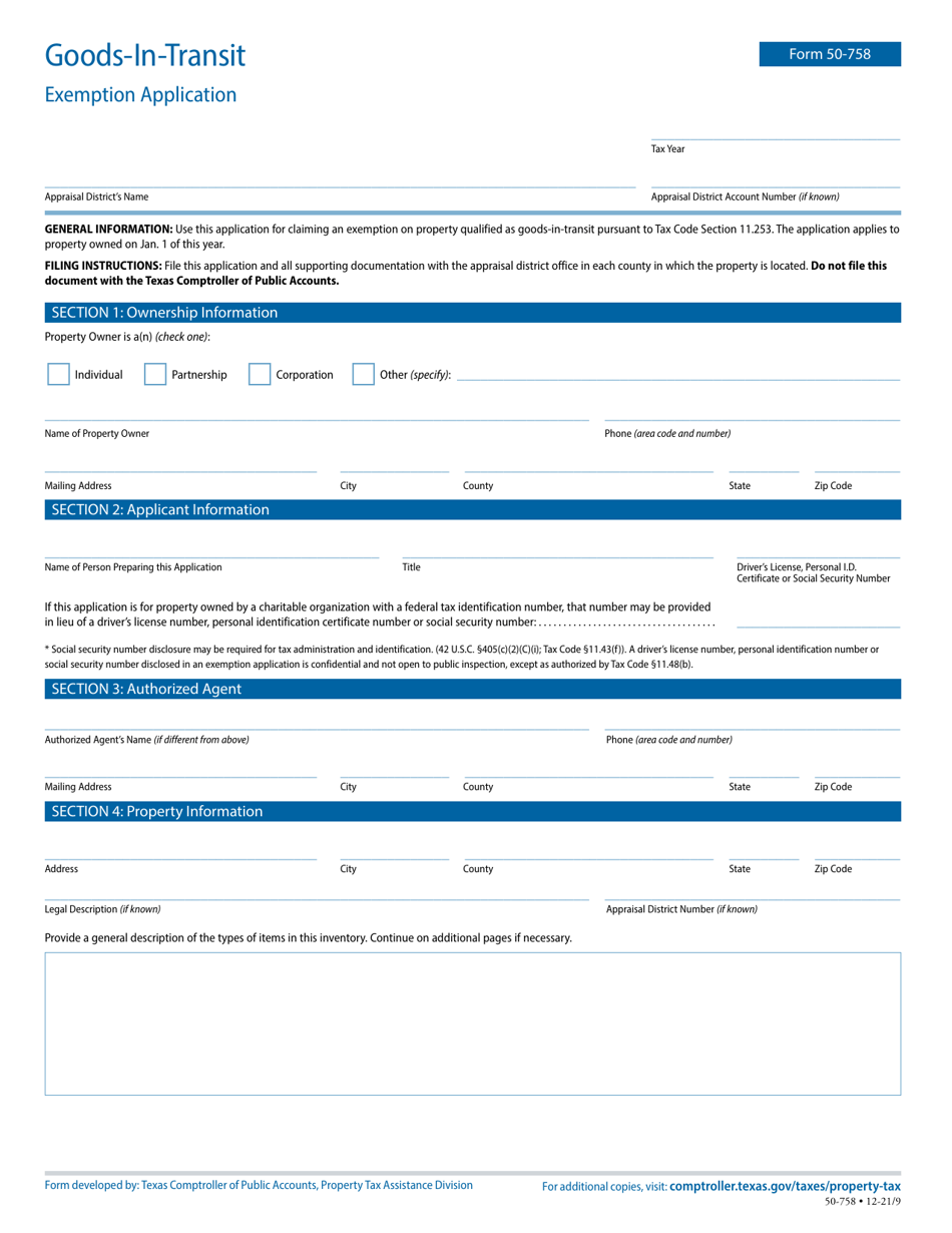 Form 50-758 Application for Exemption of Goods-In-transit - Texas, Page 1