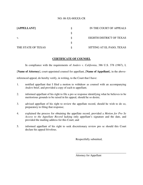 Certificate of Counsel - Eighth District of Texas - Texas Download Pdf