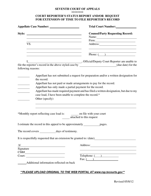 Court Reporter's Status Report and/or Request for Extension of Time to File Reporter's Record - Seventh Court of Appeals - Texas Download Pdf