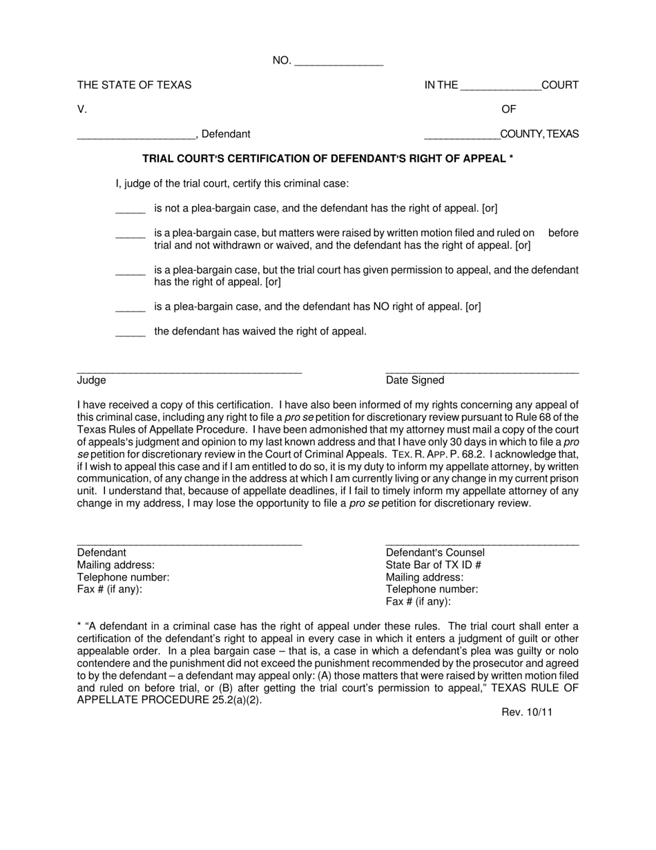 Texas Trial Court's Certification Of Defendant's Right Of Appeal - Fill ...