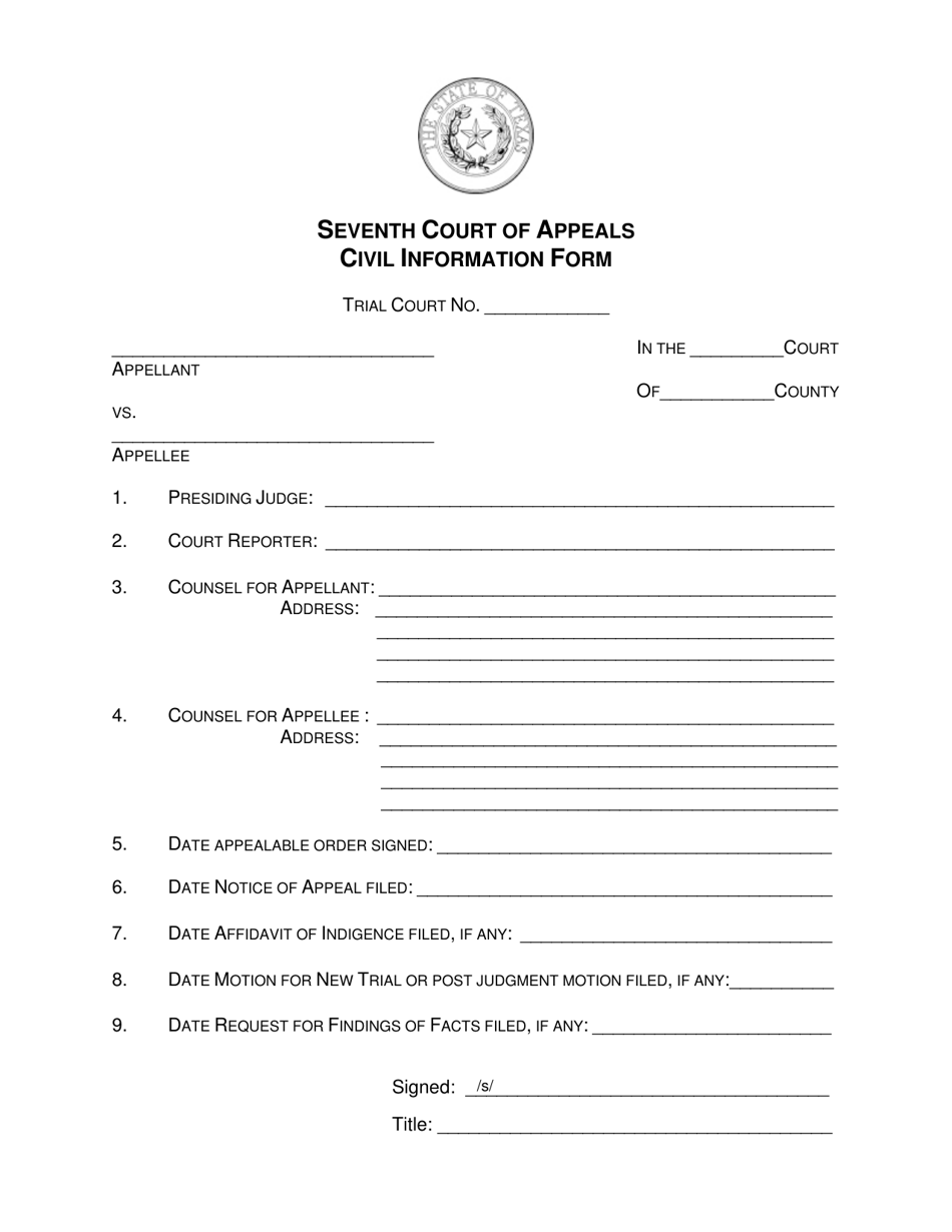 Civil Information Form - Seventh Court of Appeals - Texas, Page 1