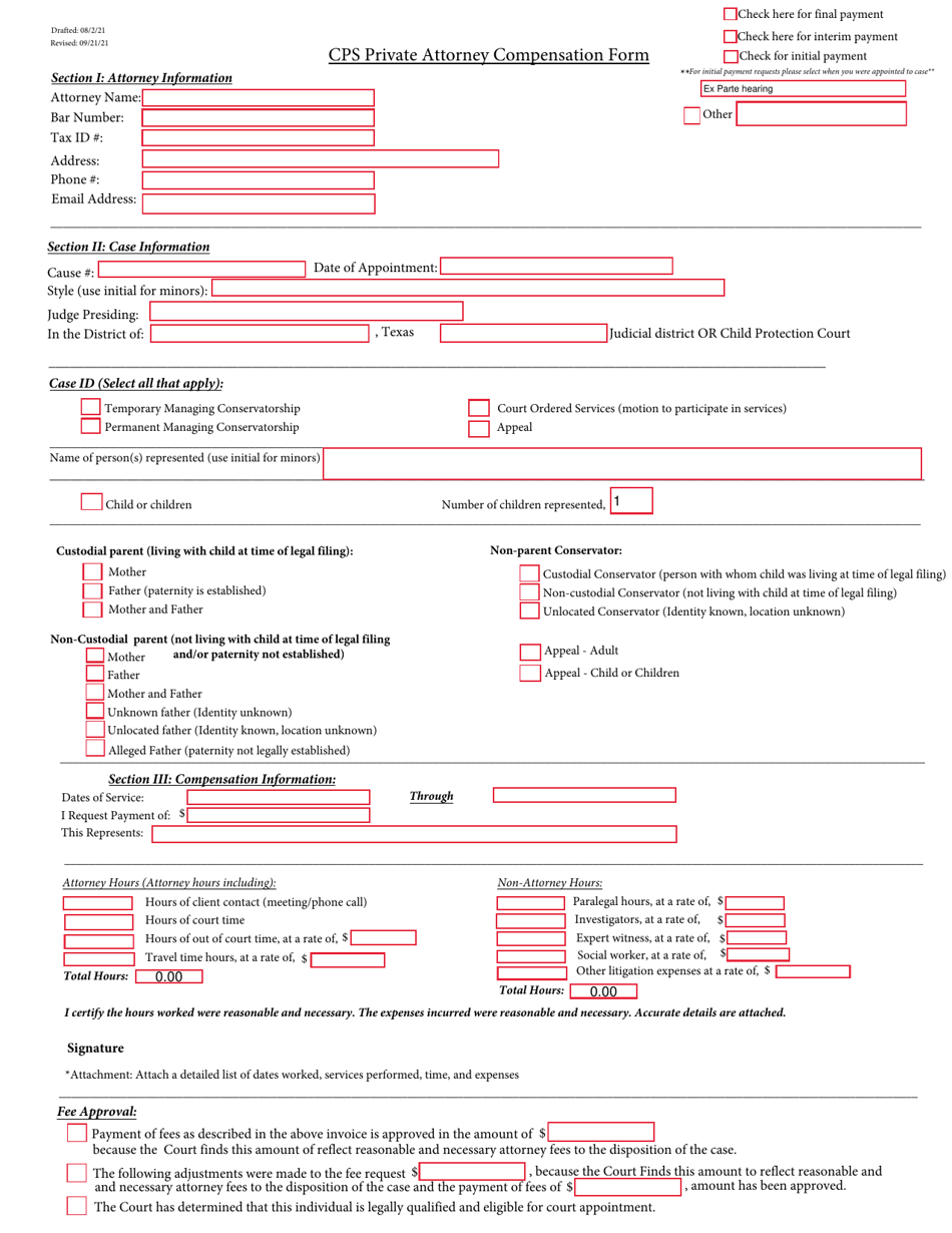 Cps Private Attorney Compensation Form - Texas, Page 1