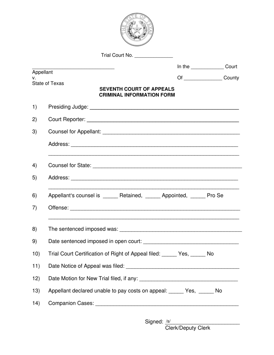 Criminal Information Form - Seventh Court of Appeals - Texas, Page 1