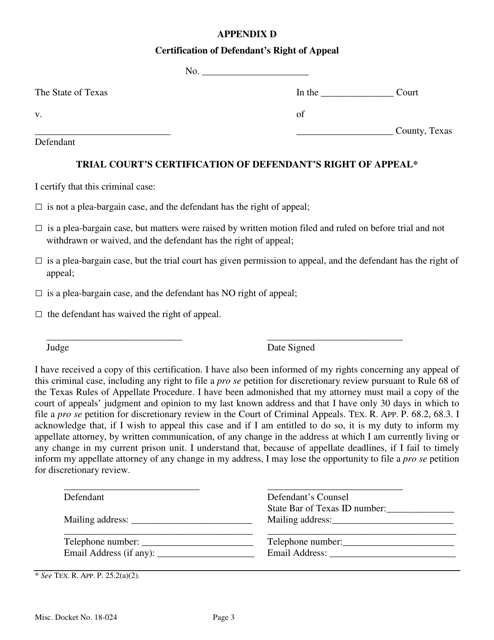 Trial Court's Certification of Defendant's Right of Appeal - Texas Download Pdf