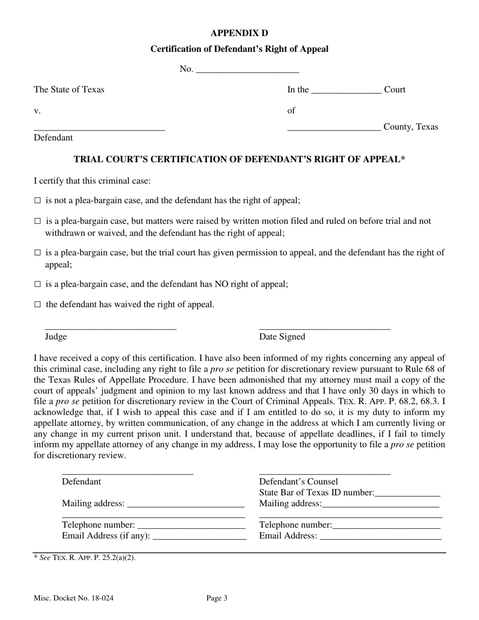 Texas Trial Court's Certification of Defendant's Right of Appeal - Fill ...