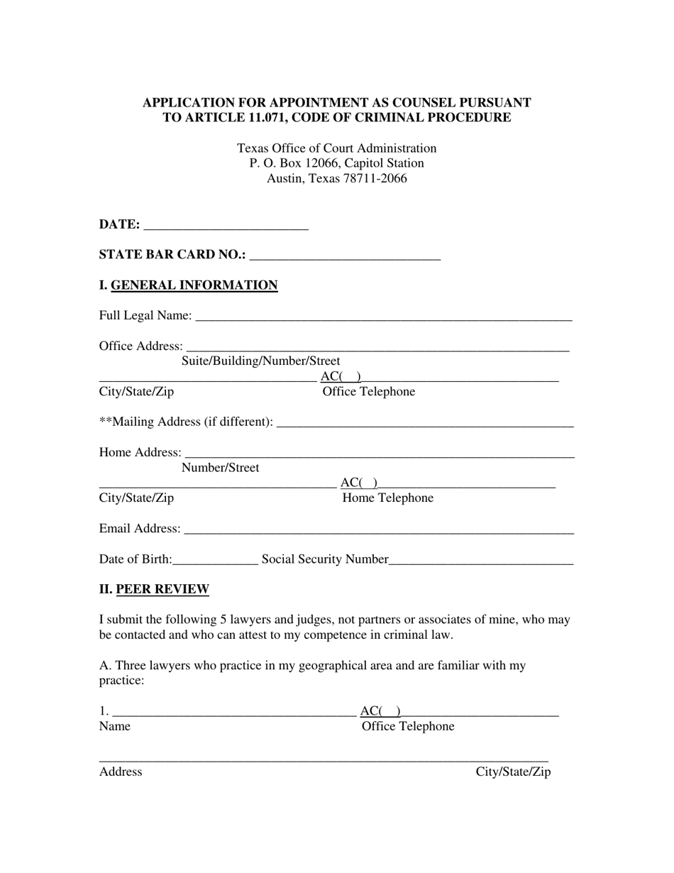 Application for Appointment as Counsel Pursuant to Article 11.071, Code of Criminal Procedure - Texas, Page 1