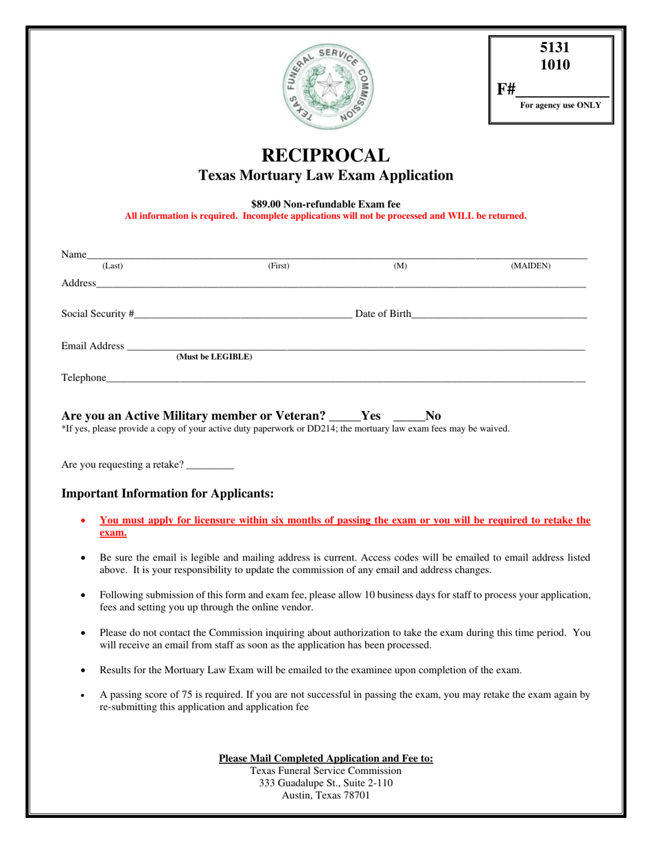 Reciprocal Texas Mortuary Law Exam Application - Texas, Page 1