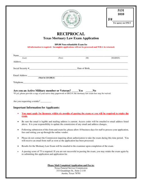 Reciprocal Texas Mortuary Law Exam Application - Texas