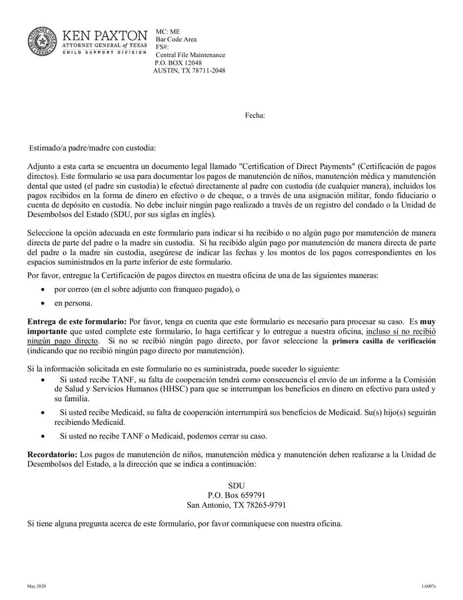 Formulario 1A007S Certificacion De Pagos Directos Del Padre Con Custodia - Texas (Spanish), Page 1