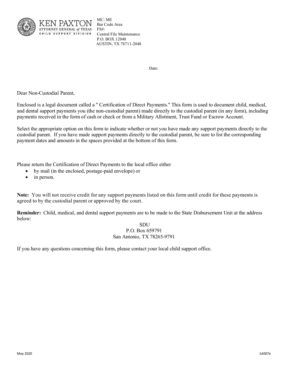 Form 1A007E Non-custodial Parents Certification of Direct Payments - Texas, Page 1