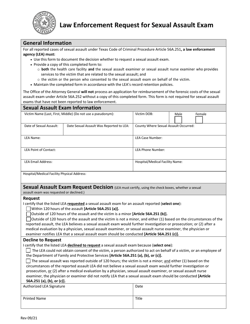 Texas Law Enforcement Request For Sexual Assault Exam Fill Out Sign Online And Download Pdf 6839