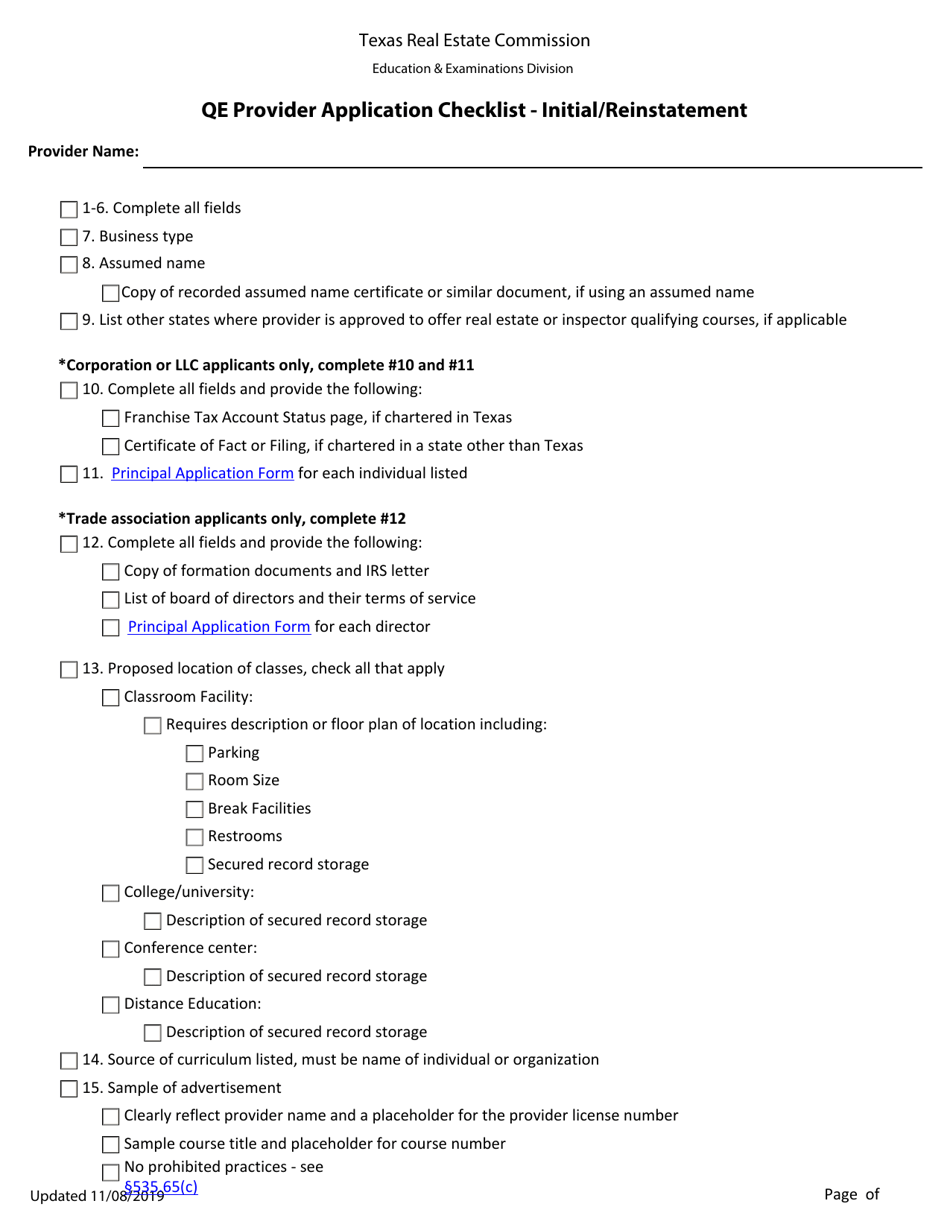 Qualifying Education Provider Application Checklist - Initial / Reinstatement - Texas, Page 1