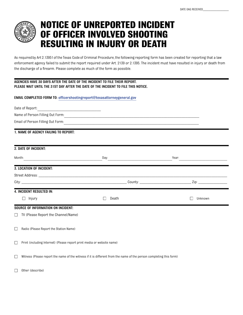 Notice of Unreported Incident of Officer Involved Shooting Resulting in Injury or Death - Texas, Page 1