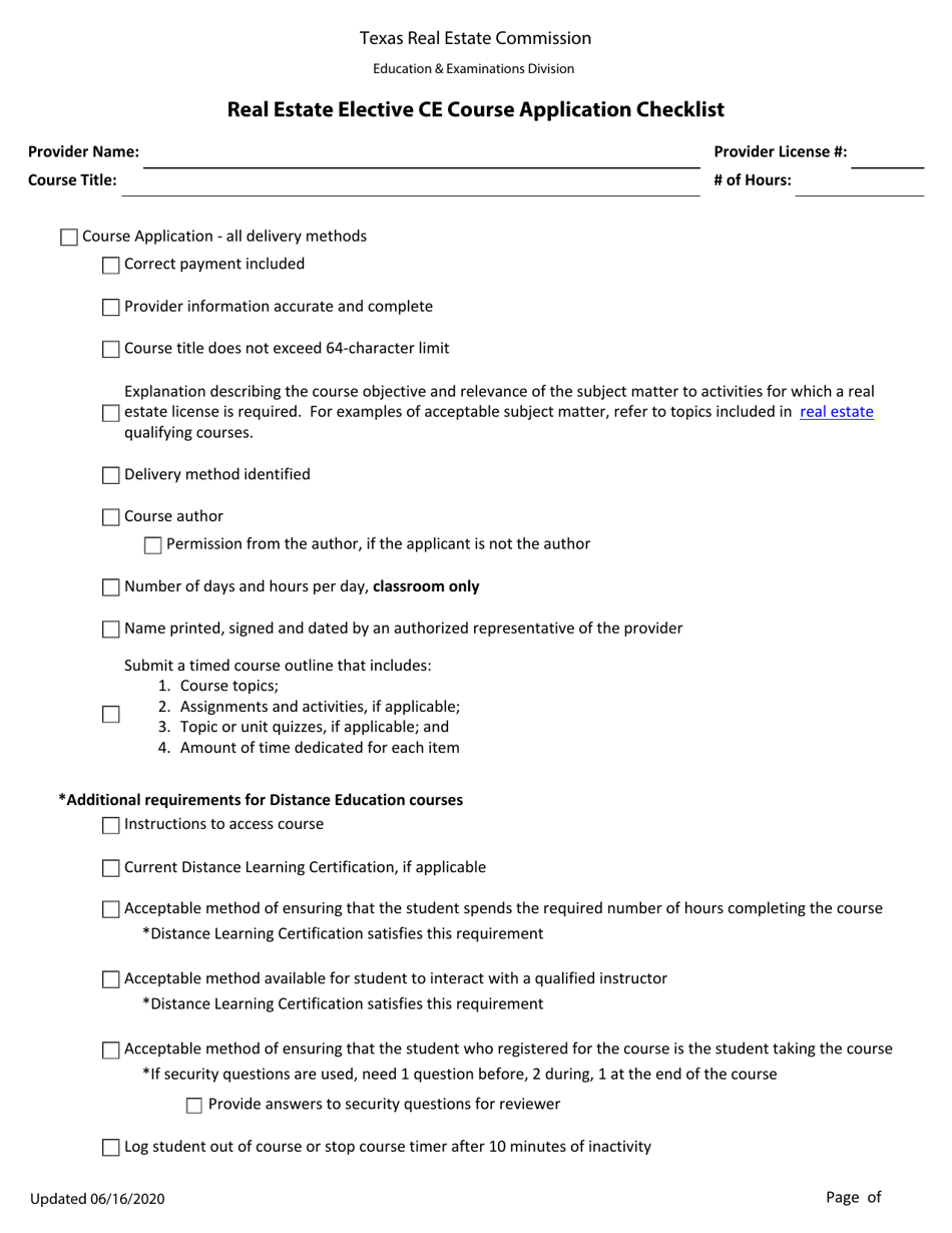 Texas Real Estate Elective Ce Course Application Checklist Fill Out