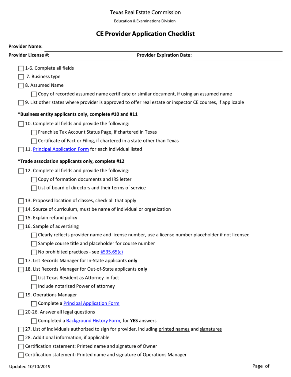 Continuing Education Provider Application Checklist - Texas, Page 1