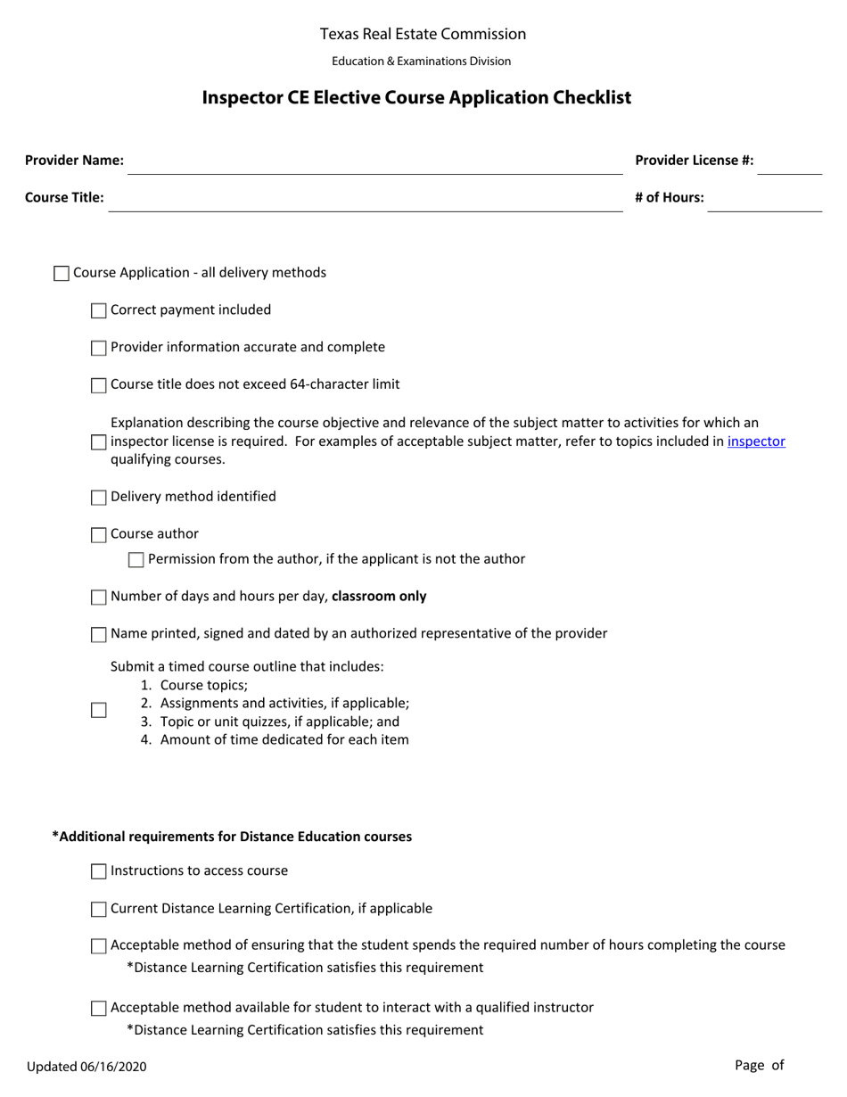 Inspector Ce Elective Course Application Checklist - Texas, Page 1