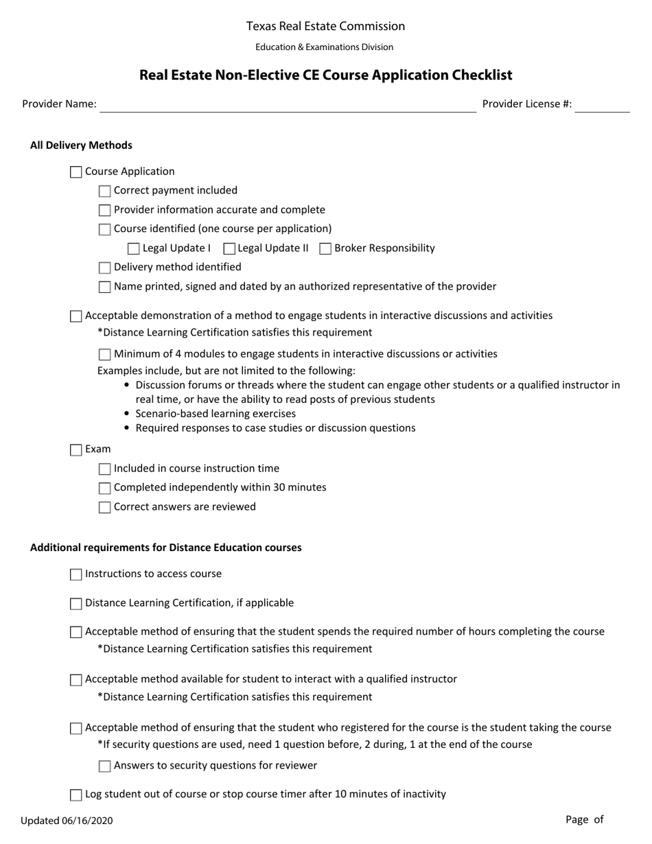 Texas Real Estate Nonelective Continuing Education (Ce) Course Application Checklist Fill Out