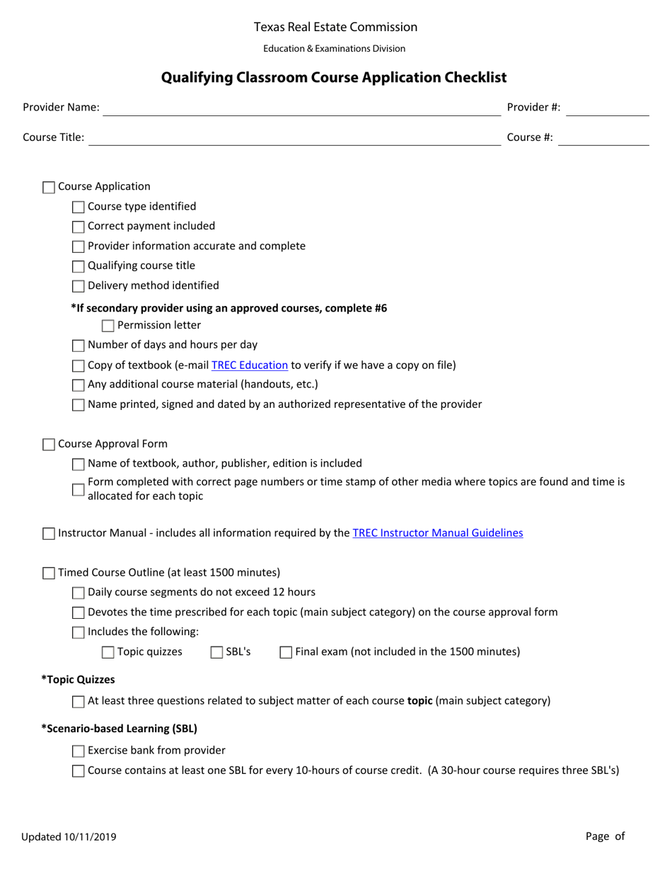 Qualifying Classroom Course Application Checklist - Texas, Page 1