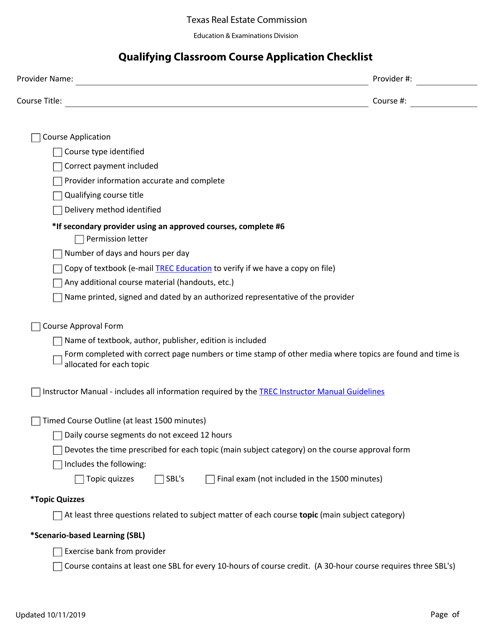 Qualifying Classroom Course Application Checklist - Texas Download Pdf