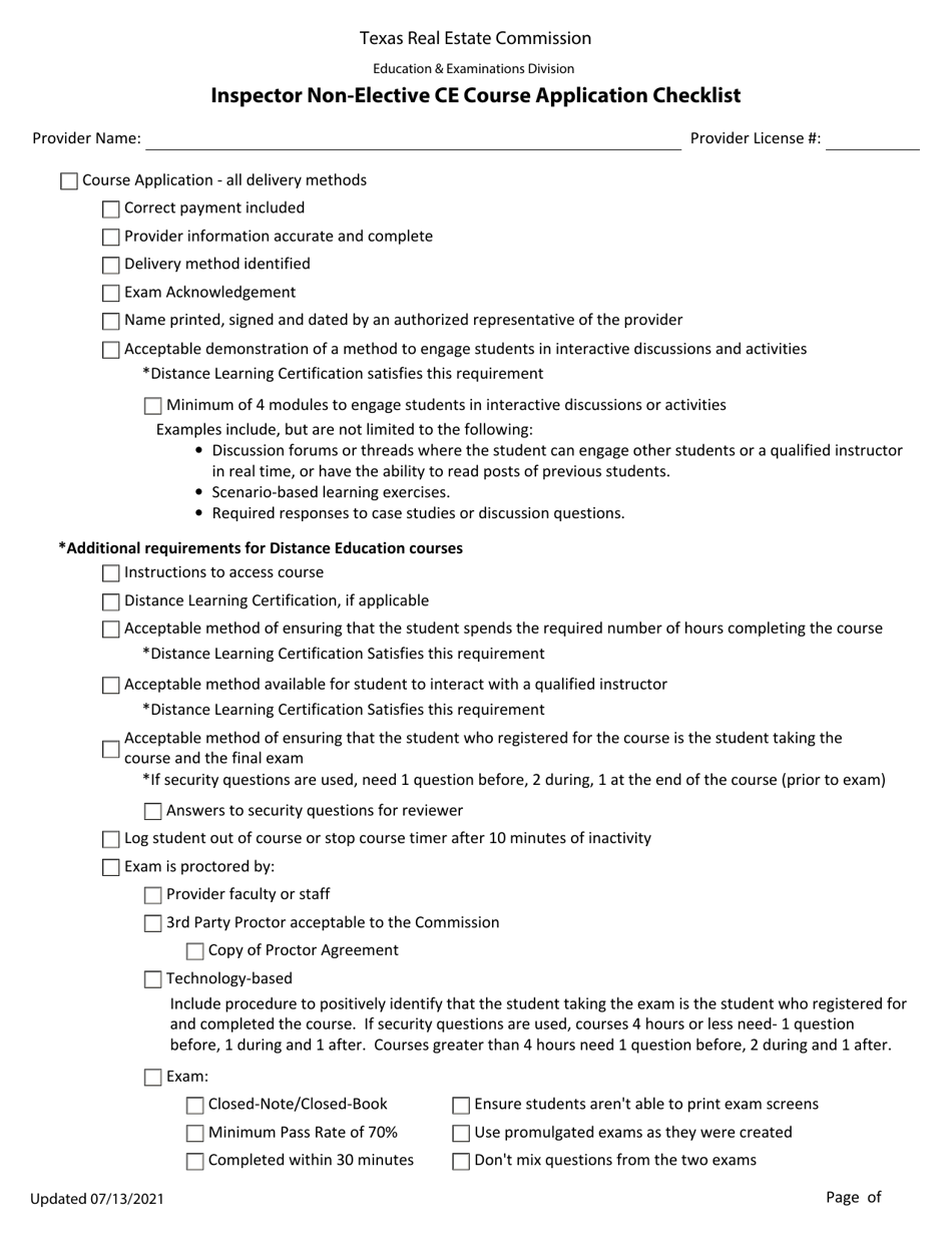 Inspector Non-elective Ce Course Application Checklist - Texas, Page 1