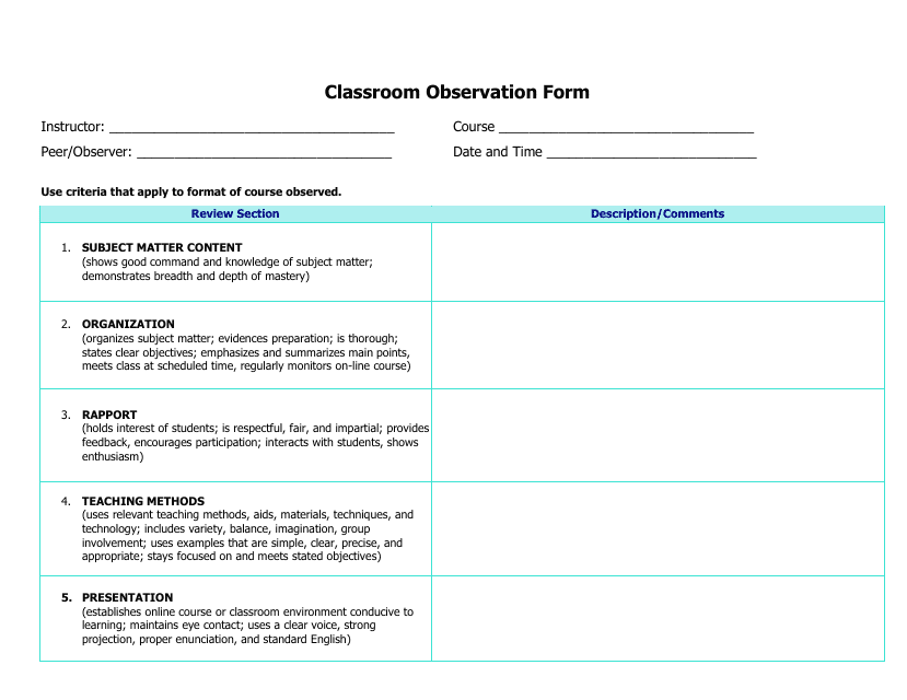 Classroom Observation Form - Small Table