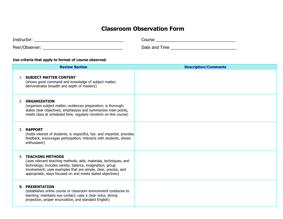 Classroom Observation Form - Small Table, Page 1