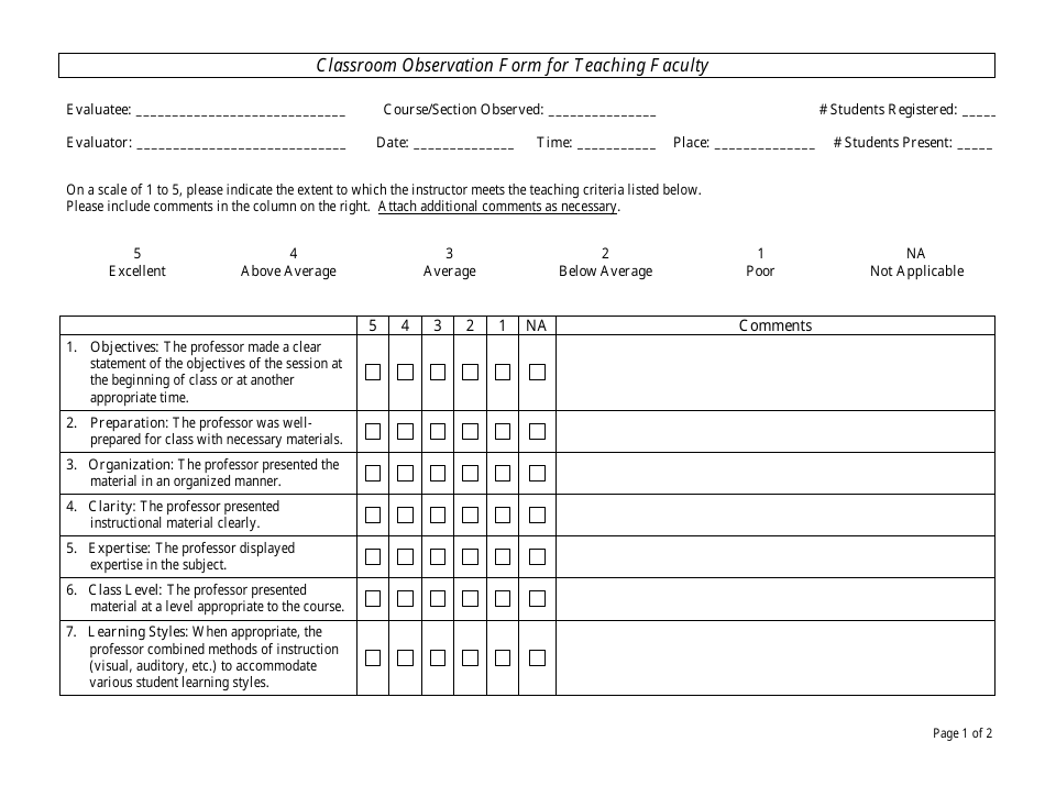 Classroom Observation Form for Teaching Faculty, Page 1